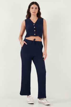 Lela Regular Fit V Yaka Yelek-Pantolon Gofre Takım Bayan TAKIM 5866484 LACİVERT