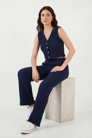 Lela Regular Fit V Yaka Yelek-Pantolon Gofre Takım Bayan TAKIM 5866484 LACİVERT