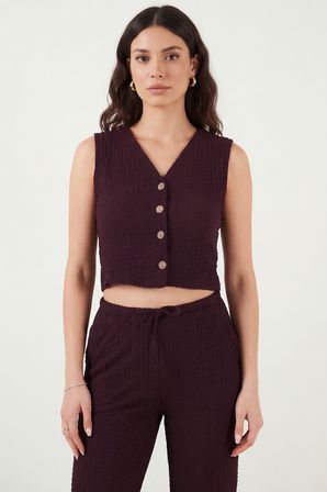 Lela Regular Fit V Yaka Yelek-Pantolon Gofre Takım Bayan TAKIM 5866484 BORDO