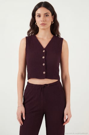 Lela Regular Fit V Yaka Yelek-Pantolon Gofre Takım Bayan TAKIM 5866484 BORDO