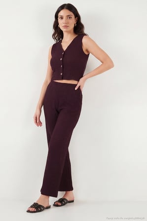 Lela Regular Fit V Yaka Yelek-Pantolon Gofre Takım Bayan TAKIM 5866484 BORDO