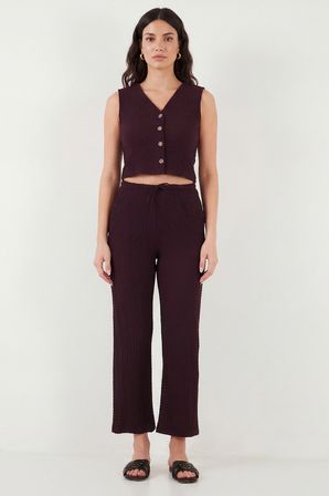 Lela Regular Fit V Yaka Yelek-Pantolon Gofre Takım Bayan TAKIM 5866484 BORDO