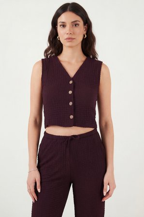 Lela Regular Fit V Yaka Yelek-Pantolon Gofre Takım Bayan TAKIM 5866484 BORDO