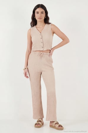 Lela Regular Fit V Yaka Yelek-Pantolon Gofre Takım Bayan TAKIM 5866484 VİZON