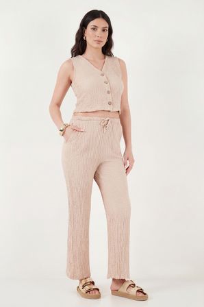 Lela Regular Fit V Yaka Yelek-Pantolon Gofre Takım Bayan TAKIM 5866484 VİZON