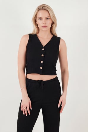 Lela Regular Fit V Yaka Yelek-Pantolon Gofre Takım Bayan TAKIM 5866484 SİYAH