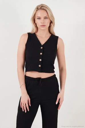 Lela Regular Fit V Yaka Yelek-Pantolon Gofre Takım Bayan TAKIM 5866484 SİYAH