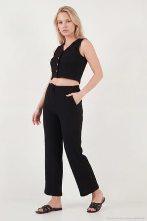 Lela Regular Fit V Yaka Yelek-Pantolon Gofre Takım Bayan TAKIM 5866484 SİYAH