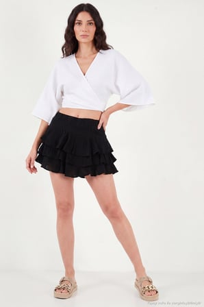 Lela Pamuklu Regular Fit Fırfırlı Mini Müslin Şort Etek Bayan ETEK 5866662 SİYAH