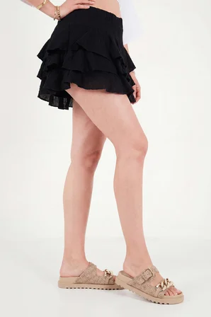Lela Pamuklu Regular Fit Fırfırlı Mini Müslin Şort Etek Bayan ETEK 5866662 SİYAH