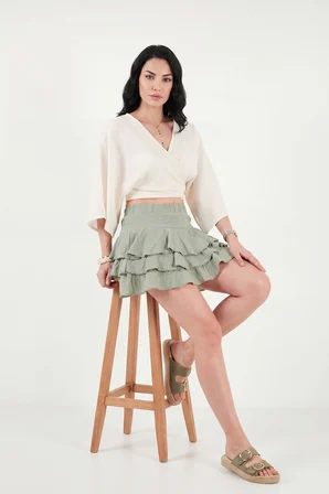 Lela Pamuklu Regular Fit Fırfırlı Mini Müslin Şort Etek Bayan ETEK 5866662 Olive