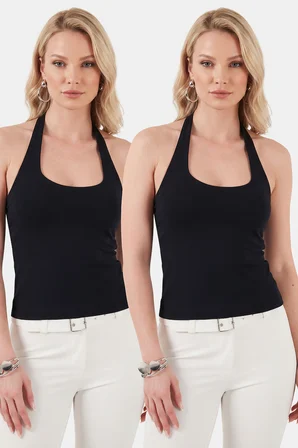 Lela Slim Fit Halter Yaka Sırt Dekolteli İkili Paket Bluz Bayan BLUZ 5866664