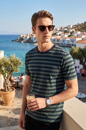 Buratti Çizgili Pamuklu Relaxed Fit Bisiklet Yaka T Shirt Erkek T SHİRT 5904078 NEFTİ-LACİVERT