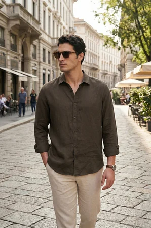 Buratti Pamuklu Regular Fit Klasik Yaka Uzun Kollu % 100 Keten Gömlek Erkek GÖMLEK CF26S1210000