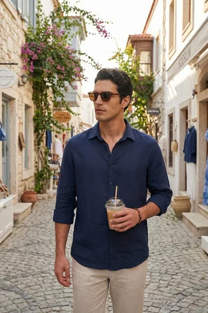 Buratti Pamuklu Regular Fit Klasik Yaka Uzun Kollu % 100 Keten Gömlek Erkek GÖMLEK CF26S1210000
