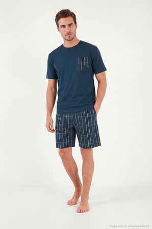 Buratti Kareli Pamuklu Regular Fit Şortlu Pijama Takımı Erkek PİJAMA TAKIMI 6572021 LACİVERT