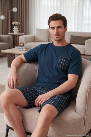 Buratti Kareli Pamuklu Regular Fit Şortlu Pijama Takımı Erkek PİJAMA TAKIMI 6572021 LACİVERT
