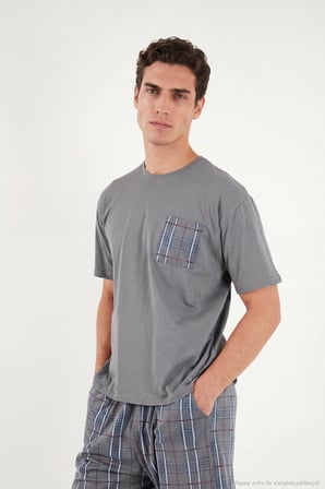 Buratti Kareli Pamuklu Regular Fit Şortlu Pijama Takımı Erkek PİJAMA TAKIMI 6572021 FÜME