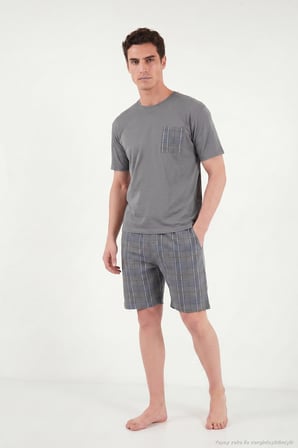 Buratti Kareli Pamuklu Regular Fit Şortlu Pijama Takımı Erkek PİJAMA TAKIMI 6572021 FÜME