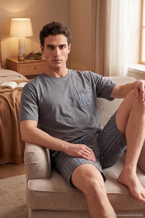 Buratti Kareli Pamuklu Regular Fit Şortlu Pijama Takımı Erkek PİJAMA TAKIMI 6572021 FÜME