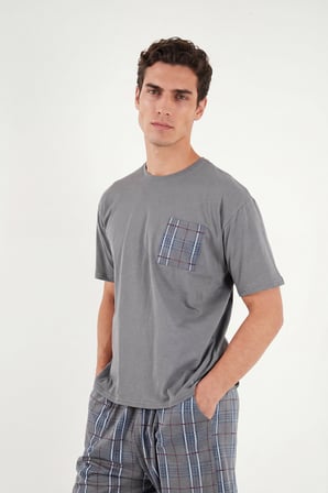 Buratti Kareli Pamuklu Regular Fit Şortlu Pijama Takımı Erkek PİJAMA TAKIMI 6572021 FÜME
