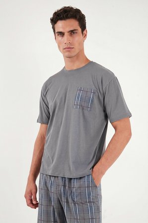 Buratti Kareli Pamuklu Regular Fit Şortlu Pijama Takımı Erkek PİJAMA TAKIMI 6572021 FÜME