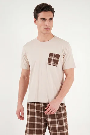 Buratti Kareli Pamuklu Regular Fit Şortlu Pijama Takımı Erkek PİJAMA TAKIMI 6572021 BEJ