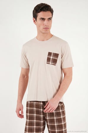 Buratti Kareli Pamuklu Regular Fit Şortlu Pijama Takımı Erkek PİJAMA TAKIMI 6572021 BEJ