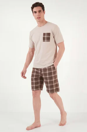 Buratti Kareli Pamuklu Regular Fit Şortlu Pijama Takımı Erkek PİJAMA TAKIMI 6572021 BEJ
