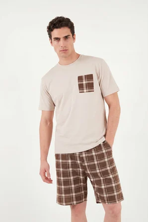 Buratti Kareli Pamuklu Regular Fit Şortlu Pijama Takımı Erkek PİJAMA TAKIMI 6572021 BEJ