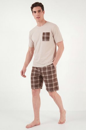 Buratti Kareli Pamuklu Regular Fit Şortlu Pijama Takımı Erkek PİJAMA TAKIMI 6572021 BEJ