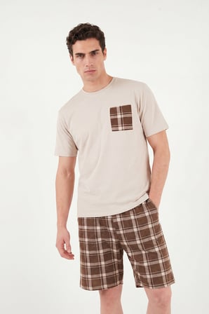 Buratti Kareli Pamuklu Regular Fit Şortlu Pijama Takımı Erkek PİJAMA TAKIMI 6572021 BEJ