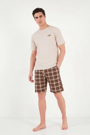 Buratti Kareli Pamuklu Regular Fit Şortlu Pijama Takımı Erkek PİJAMA TAKIMI 6572022 BEJ
