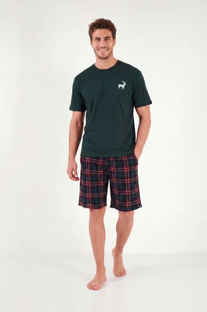 Buratti Kareli Pamuklu Regular Fit Şortlu Pijama Takımı Erkek PİJAMA TAKIMI 6572022 YEŞİL