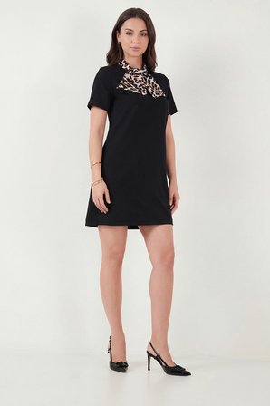 Lela Leopar Desenli Fular Yaka Mini Boy Kısa Kol Elbise Bayan ELBİSE 6525704