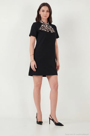 Lela Leopar Desenli Fular Yaka Mini Boy Kısa Kol Elbise Bayan ELBİSE 6525704