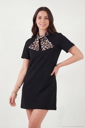 Lela Leopar Desenli Fular Yaka Mini Boy Kısa Kol Elbise Bayan ELBİSE 6525704