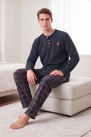 Buratti Ekoseli Düğmeli Bisiklet Yaka Yumuşak Polar Pijama Takımı Erkek PİJAMA TAKIMI 6097019 FÜME
