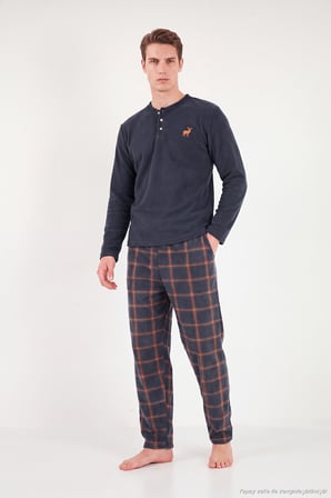 Buratti Ekoseli Düğmeli Bisiklet Yaka Yumuşak Polar Pijama Takımı Erkek PİJAMA TAKIMI 6097019 FÜME