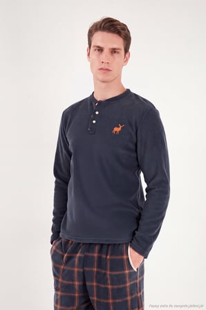 Buratti Ekoseli Düğmeli Bisiklet Yaka Yumuşak Polar Pijama Takımı Erkek PİJAMA TAKIMI 6097019 FÜME