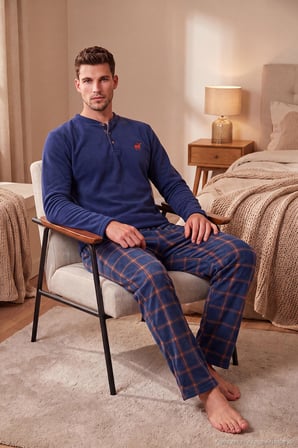 Buratti Ekoseli Düğmeli Bisiklet Yaka Yumuşak Polar Pijama Takımı Erkek PİJAMA TAKIMI 6097019 İNDİGO