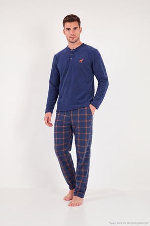 Buratti Ekoseli Düğmeli Bisiklet Yaka Yumuşak Polar Pijama Takımı Erkek PİJAMA TAKIMI 6097019 İNDİGO