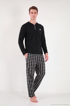 Buratti Kareli Düğmeli Hakim Yaka Yumuşak Dokulu Polar Pijama Takımı Erkek PİJAMA TAKIMI 6097023 SİYAH