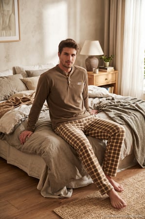 Buratti Kareli Düğmeli Hakim Yaka Yumuşak Dokulu Polar Pijama Takımı Erkek PİJAMA TAKIMI 6097023 CAMEL