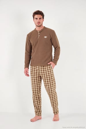 Buratti Kareli Düğmeli Hakim Yaka Yumuşak Dokulu Polar Pijama Takımı Erkek PİJAMA TAKIMI 6097023 CAMEL