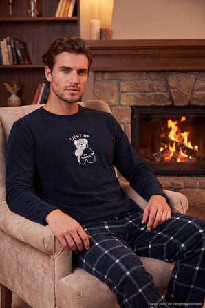 Buratti Ekoseli Yumuşak Dokulu Bisiklet Yaka Polar Pijama Takımı Erkek PİJAMA TAKIMI 6097044 LACİVERT
