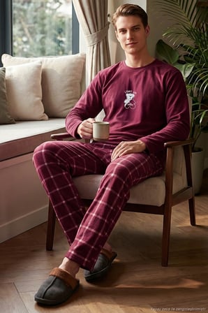 Buratti Ekoseli Yumuşak Dokulu Bisiklet Yaka Polar Pijama Takımı Erkek PİJAMA TAKIMI 6097044 BORDO