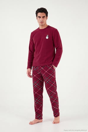 Buratti Nakışlı Ekoseli Yumuşak Dokulu Uzun Kollu Polar Pijama Takımı Erkek PİJAMA TAKIMI 6097059E BORDO