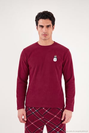 Buratti Nakışlı Ekoseli Yumuşak Dokulu Uzun Kollu Polar Pijama Takımı Erkek PİJAMA TAKIMI 6097059E BORDO