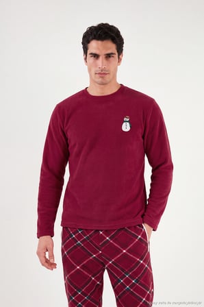 Buratti Nakışlı Ekoseli Yumuşak Dokulu Uzun Kollu Polar Pijama Takımı Erkek PİJAMA TAKIMI 6097059E BORDO